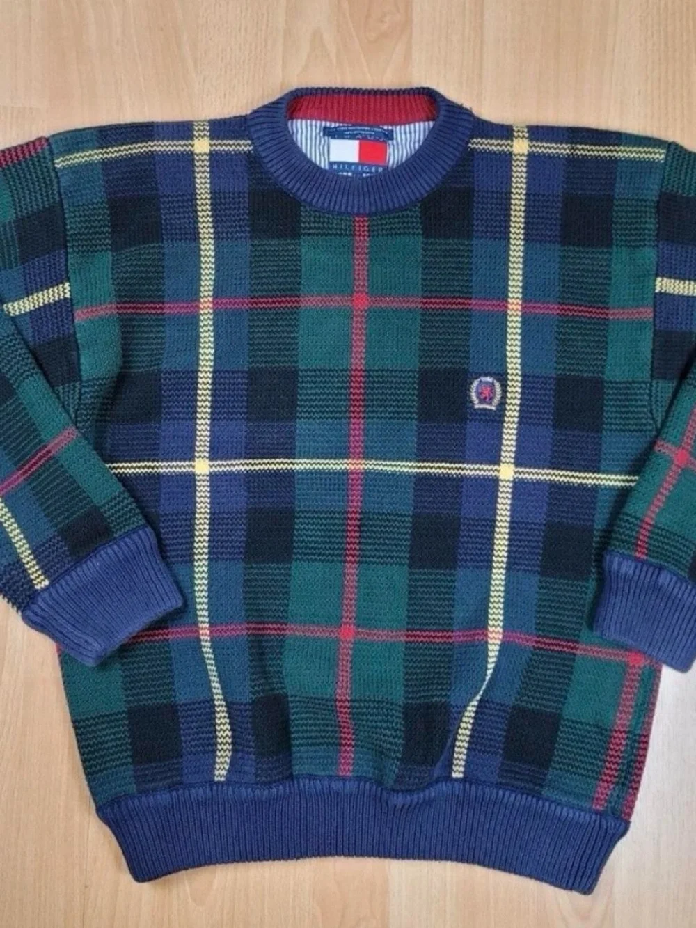 Tommy Hilfiger Green, Blue & Yellow Plaid Crewneck Sweater